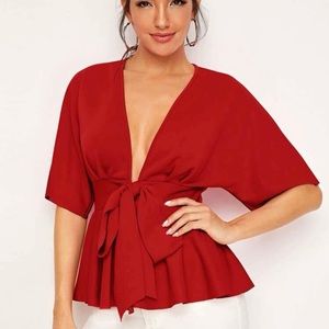 NEW 3 SHEIN Plunge Neck Tie Waist Peplum Top Size M Red, black, and white